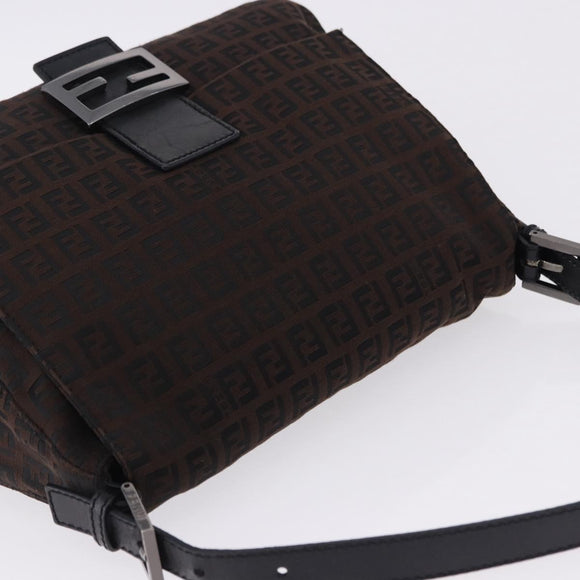 FENDI Zucchino Canvas Mamma Baguette Shoulder Bag Brown Silver Auth 195389V