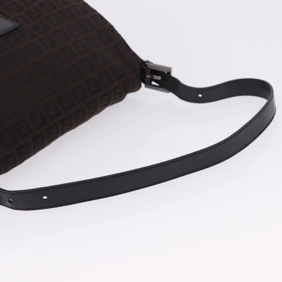 FENDI Zucchino Canvas Mamma Baguette Shoulder Bag Brown Silver Auth 195389V