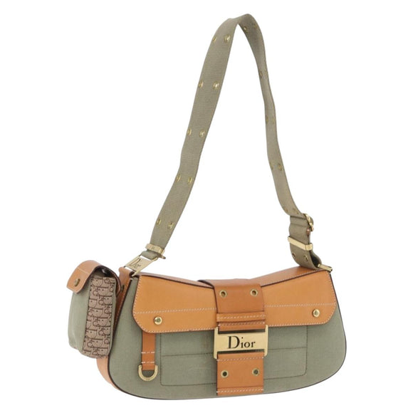 Christian Dior Street Chic Shoulder Bag Canvas Khaki Gold Tone Auth 195390SAV