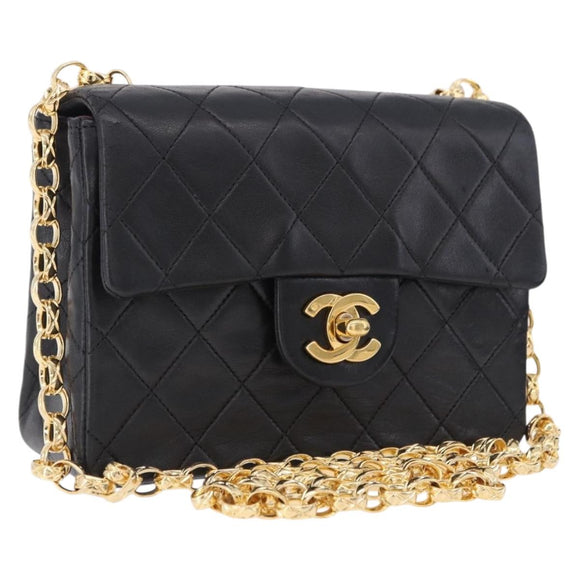 CHANEL Chain Mini Matelasse Shoulder Bag Lamb Skin Black Gold CC Auth 195391SAV
