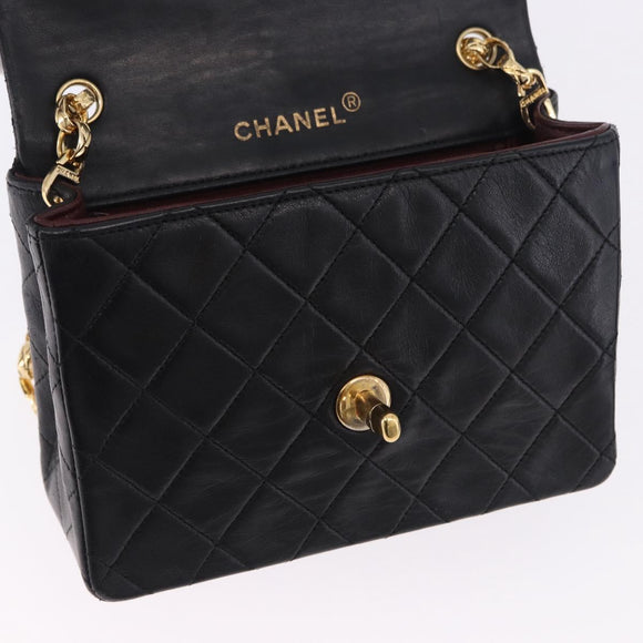 CHANEL Chain Mini Matelasse Shoulder Bag Lamb Skin Black Gold CC Auth 195391SAV