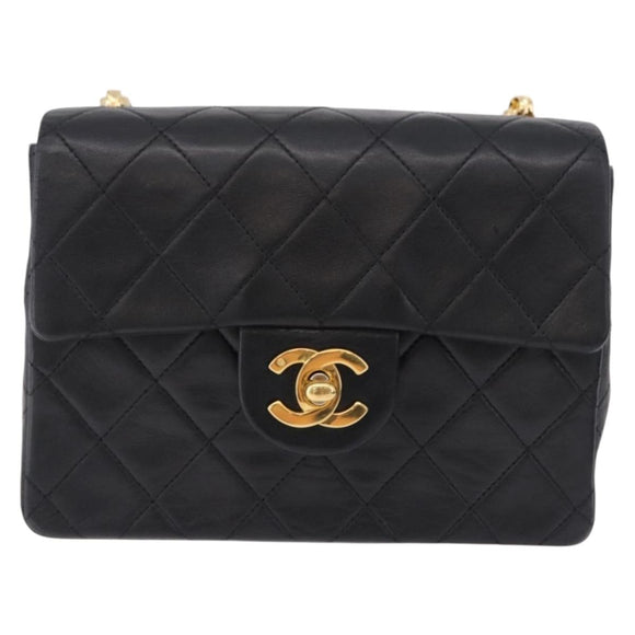 CHANEL Chain Mini Matelasse Shoulder Bag Lamb Skin Black Gold CC Auth 195391SAV