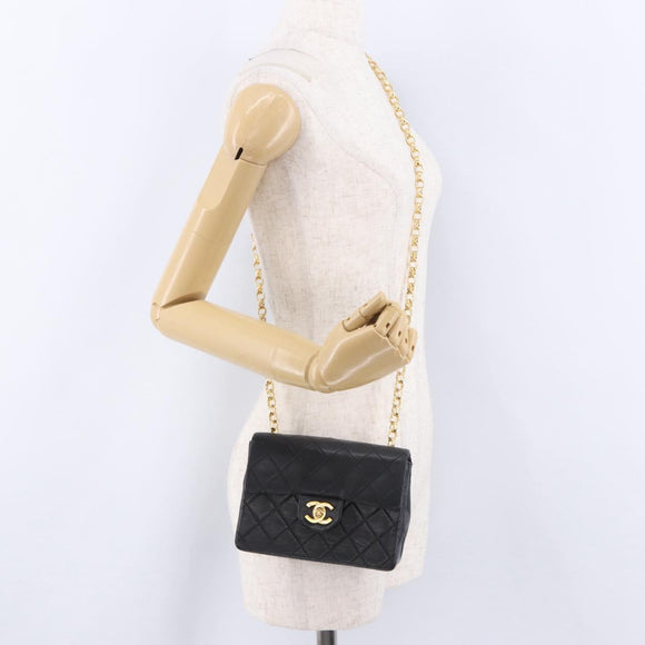 CHANEL Chain Mini Matelasse Shoulder Bag Lamb Skin Black Gold CC Auth 195391SAV