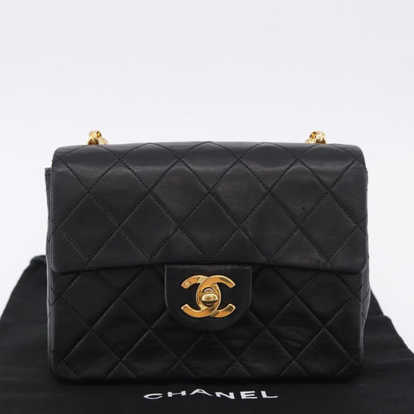 CHANEL Chain Mini Matelasse Shoulder Bag Lamb Skin Black Gold CC Auth 195391SAV