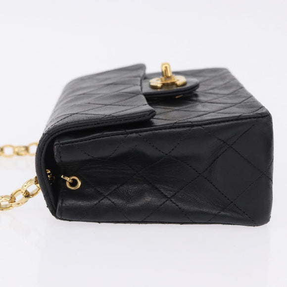 CHANEL Chain Mini Matelasse Shoulder Bag Lamb Skin Black Gold CC Auth 195391SAV