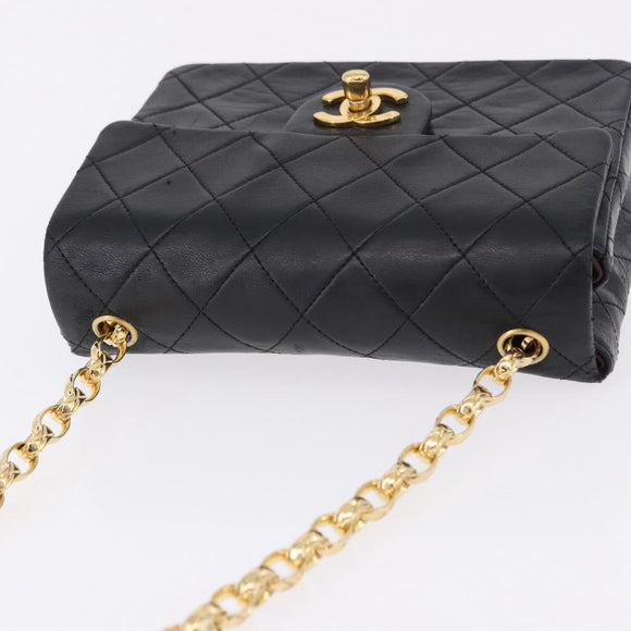 CHANEL Chain Mini Matelasse Shoulder Bag Lamb Skin Black Gold CC Auth 195391SAV