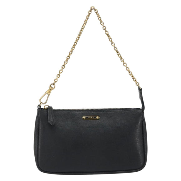 FENDI Accessory Pouch Leather Black Gold Tone 8M0271 Auth 195418A