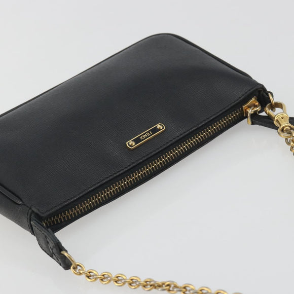 FENDI Accessory Pouch Leather Black Gold Tone 8M0271 Auth 195418A