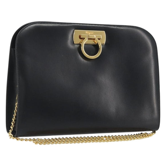 Salvatore Ferragamo Gancini Chain Shoulder Bag Leather Black Gold Auth 195422