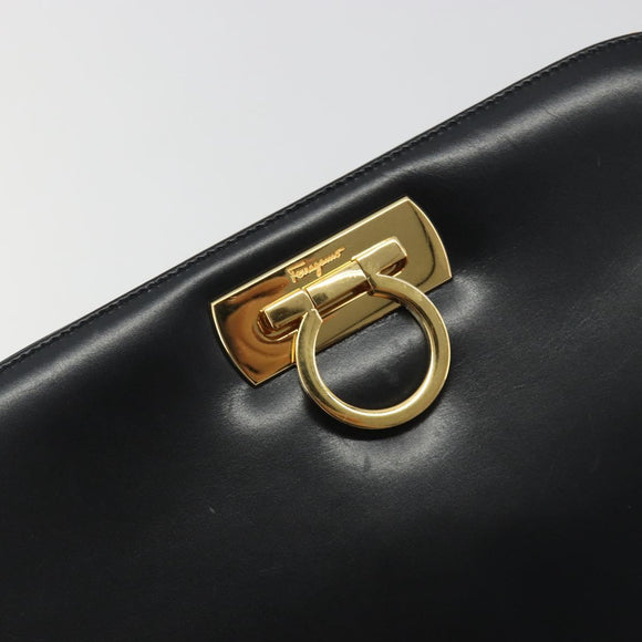Salvatore Ferragamo Gancini Chain Shoulder Bag Leather Black Gold Auth 195422