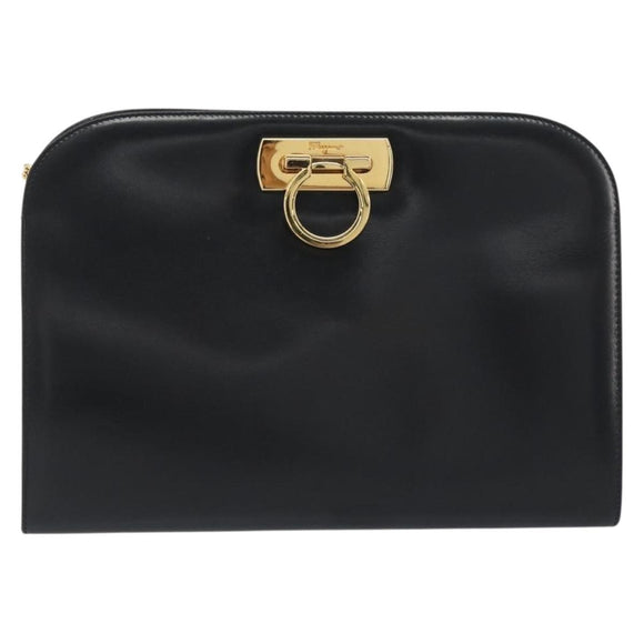 Salvatore Ferragamo Gancini Chain Shoulder Bag Leather Black Gold Auth 195422