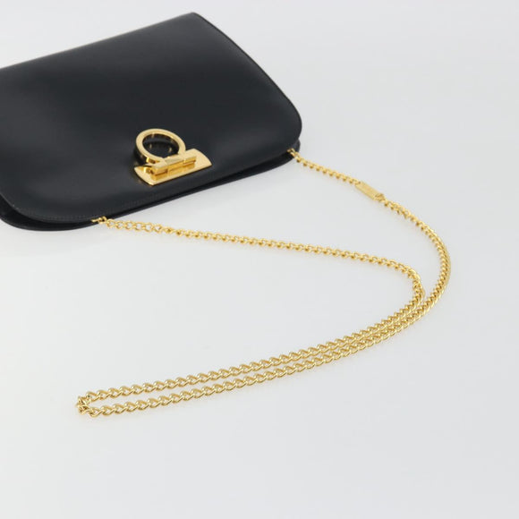 Salvatore Ferragamo Gancini Chain Shoulder Bag Leather Black Gold Auth 195422