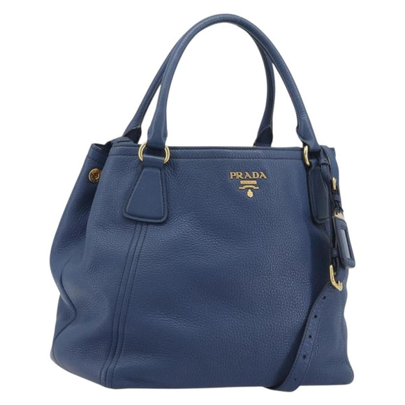 PRADA Hand Bag Leather 2way Blue Gold Tone Auth 195424V