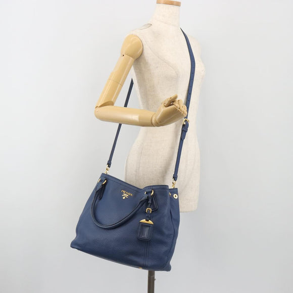 PRADA Hand Bag Leather 2way Blue Gold Tone Auth 195424V