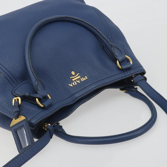 PRADA Hand Bag Leather 2way Blue Gold Tone Auth 195424V