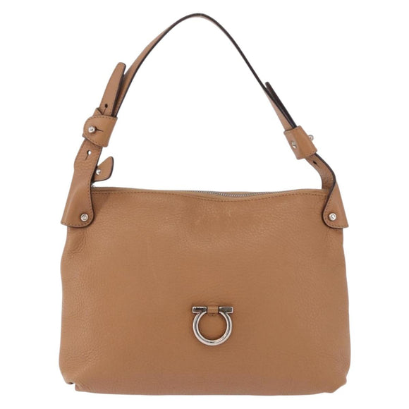 Salvatore Ferragamo Gancini Shoulder Bag Leather Beige Silver Auth 195431A