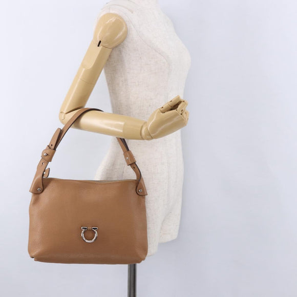 Salvatore Ferragamo Gancini Shoulder Bag Leather Beige Silver Auth 195431A