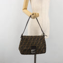 FENDI Zucca Canvas Mamma Baguette Shoulder Bag Brown Silver Auth 195445V-25