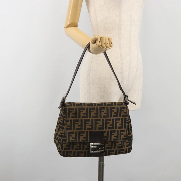 FENDI Zucca Canvas Mamma Baguette Shoulder Bag Brown Silver Auth 195445V
