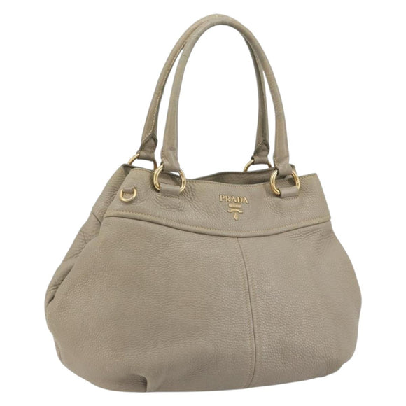 PRADA Hand Bag Leather Beige Gold Tone Auth 195487