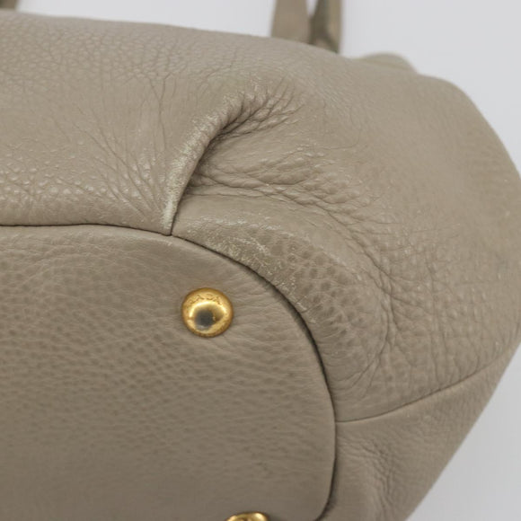 PRADA Hand Bag Leather Beige Gold Tone Auth 195487
