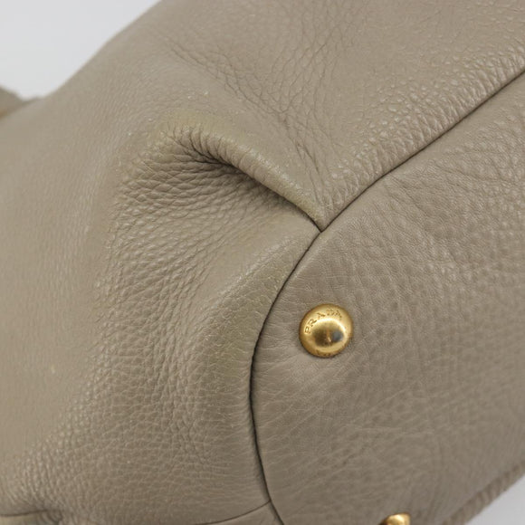 PRADA Hand Bag Leather Beige Gold Tone Auth 195487