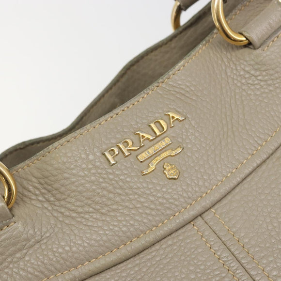 PRADA Hand Bag Leather Beige Gold Tone Auth 195487