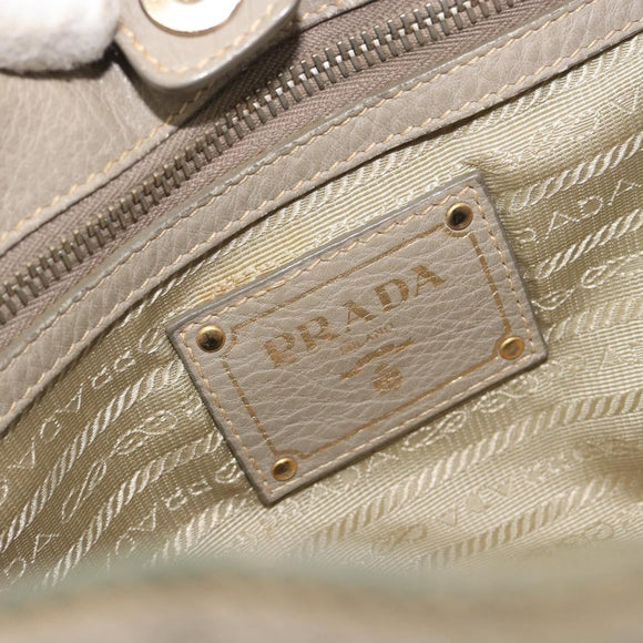 PRADA Hand Bag Leather Beige Gold Tone Auth 195487