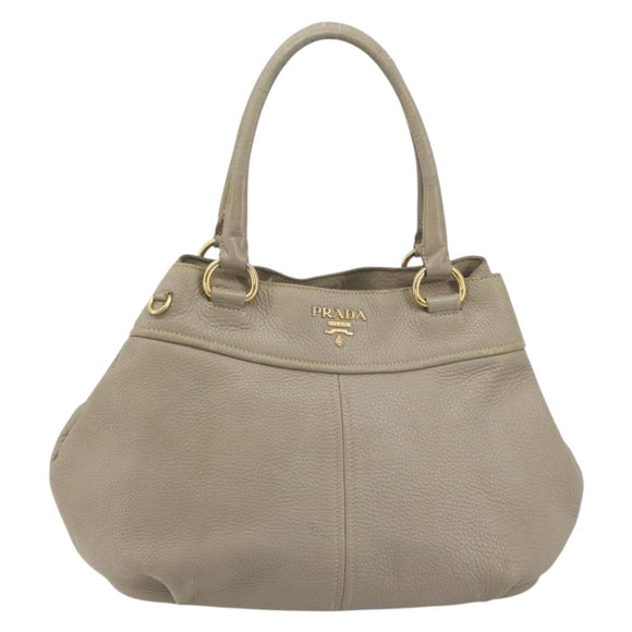 PRADA Hand Bag Leather Beige Gold Tone Auth 195487