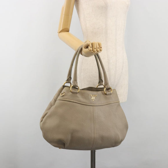 PRADA Hand Bag Leather Beige Gold Tone Auth 195487