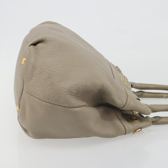 PRADA Hand Bag Leather Beige Gold Tone Auth 195487