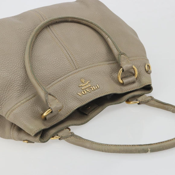 PRADA Hand Bag Leather Beige Gold Tone Auth 195487