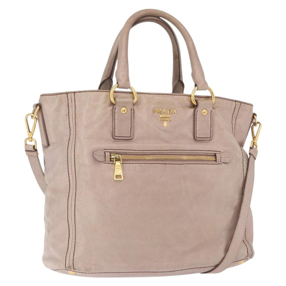 PRADA Hand Bag Leather 2way Beige Gold Tone Auth 195488