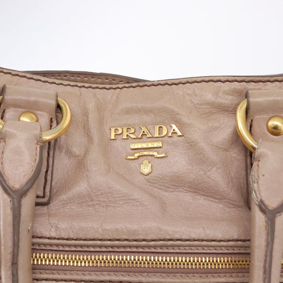 PRADA Hand Bag Leather 2way Beige Gold Tone Auth 195488