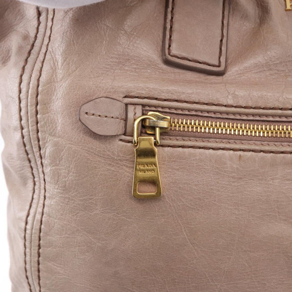 PRADA Hand Bag Leather 2way Beige Gold Tone Auth 195488