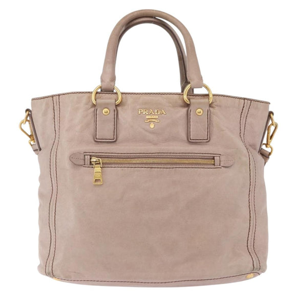 PRADA Hand Bag Leather 2way Beige Gold Tone Auth 195488