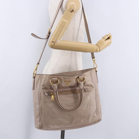 PRADA Hand Bag Leather 2way Beige Gold Tone Auth 195488