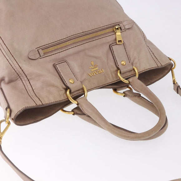 PRADA Hand Bag Leather 2way Beige Gold Tone Auth 195488
