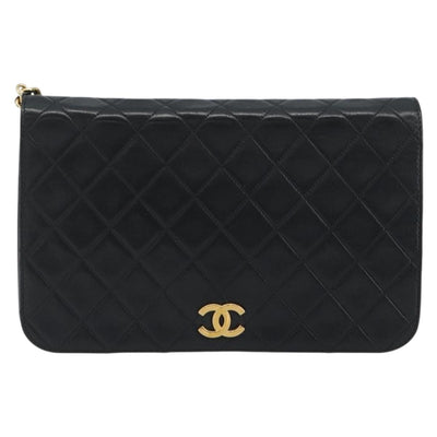 CHANEL Matelasse Chain Shoulder Bag Lamb Skin Black Gold Tone CC Auth 195492 - 0