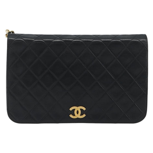 CHANEL Matelasse Chain Shoulder Bag Lamb Skin Black Gold Tone CC Auth 195492
