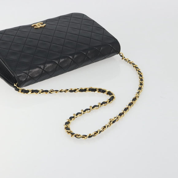 CHANEL Matelasse Chain Shoulder Bag Lamb Skin Black Gold Tone CC Auth 195492