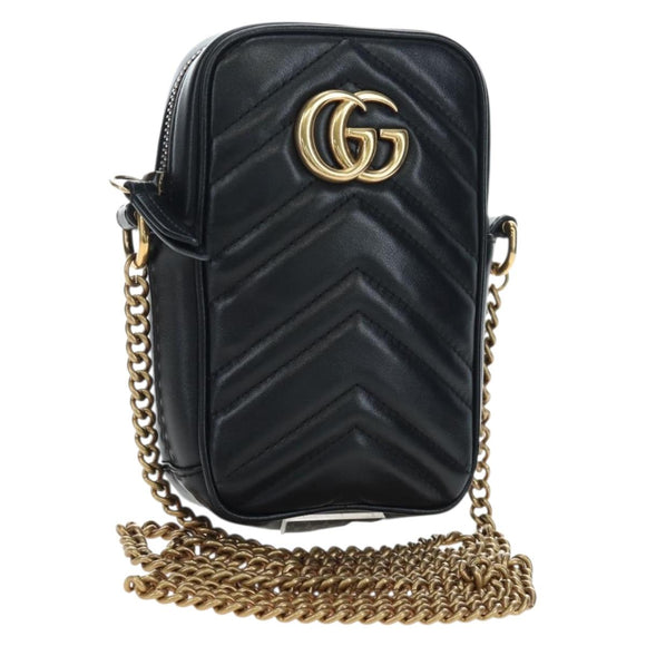 GUCCI GG Marmont Chain Shoulder Bag Leather Black Gold Tone 598597 Auth 195493V