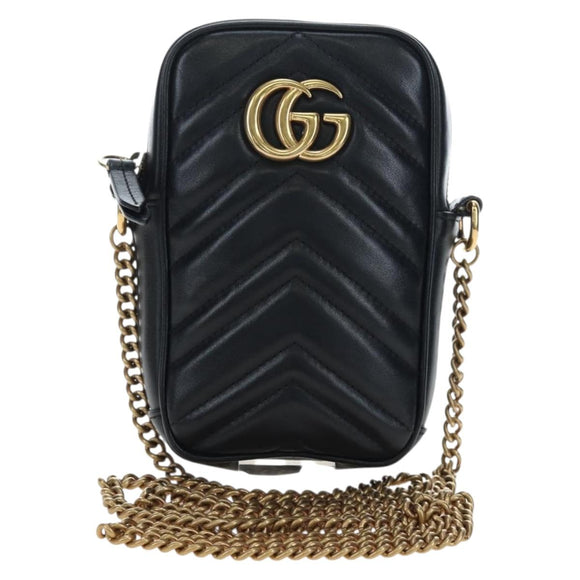 GUCCI GG Marmont Chain Shoulder Bag Leather Black Gold Tone 598597 Auth 195493V