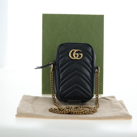 GUCCI GG Marmont Chain Shoulder Bag Leather Black Gold Tone 598597 Auth 195493V