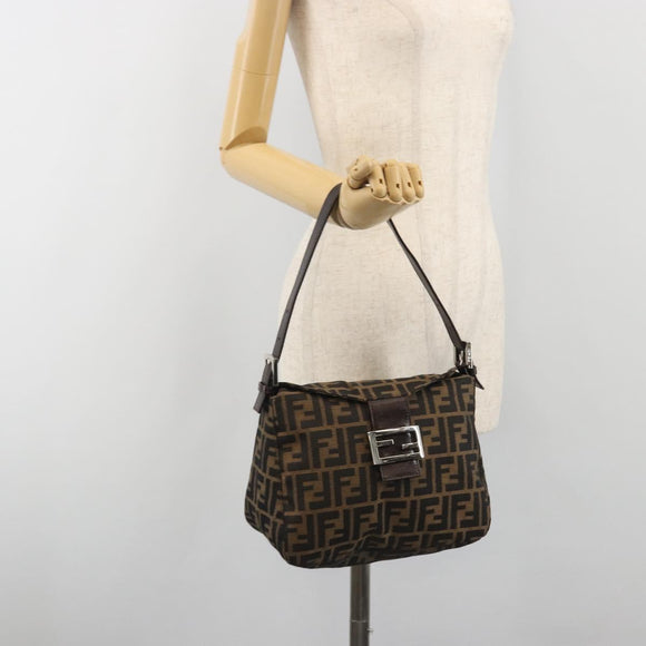 FENDI Zucca Canvas Mamma Baguette Shoulder Bag Brown Silver Auth 195494V