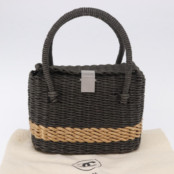 CHANEL Hand Bag Straw Gray Silver CC Auth 195504SM