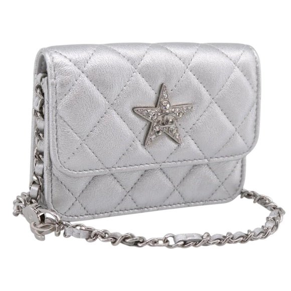 CHANEL Chain Shoulder Pouch Matelasse Leather Silver CC Auth 195507M