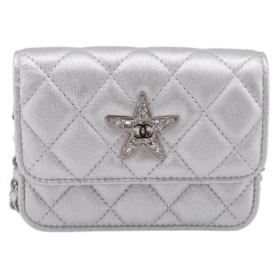CHANEL Chain Shoulder Pouch Matelasse Leather Silver CC Auth 195507M - 0