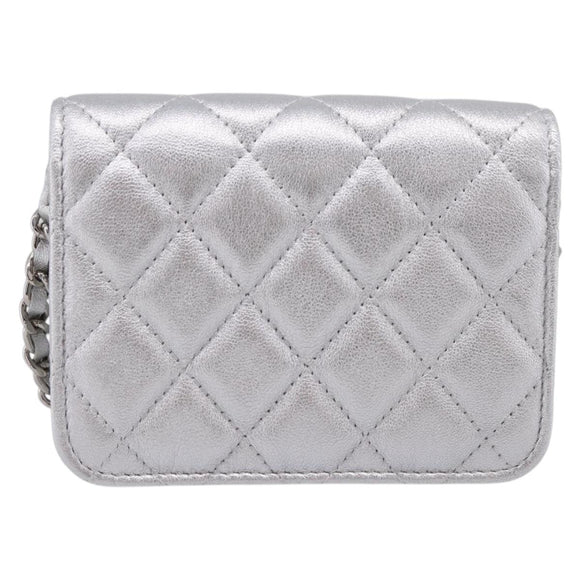 CHANEL Chain Shoulder Pouch Matelasse Leather Silver CC Auth 195507M