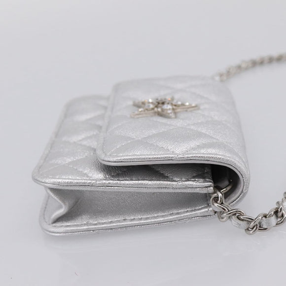 CHANEL Chain Shoulder Pouch Matelasse Leather Silver CC Auth 195507M